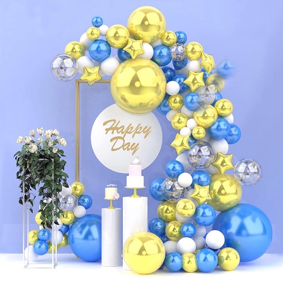 New - 142 pc Balloon Garland Arch Party Kit Metallic Blue and Gold Confetti - Picture 1 of 9
